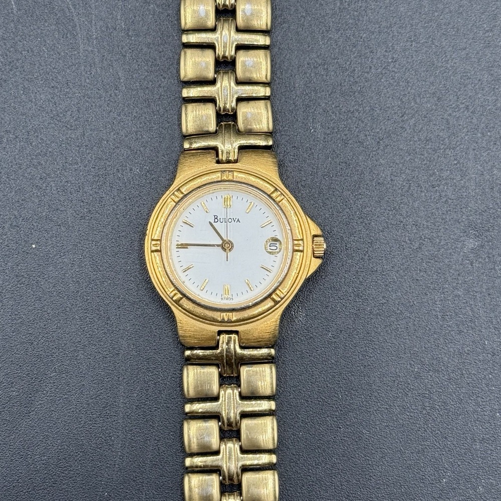 Vintage Bulova Womens Gold Tone Watch 23mm White Date Dial New Battery Size 7